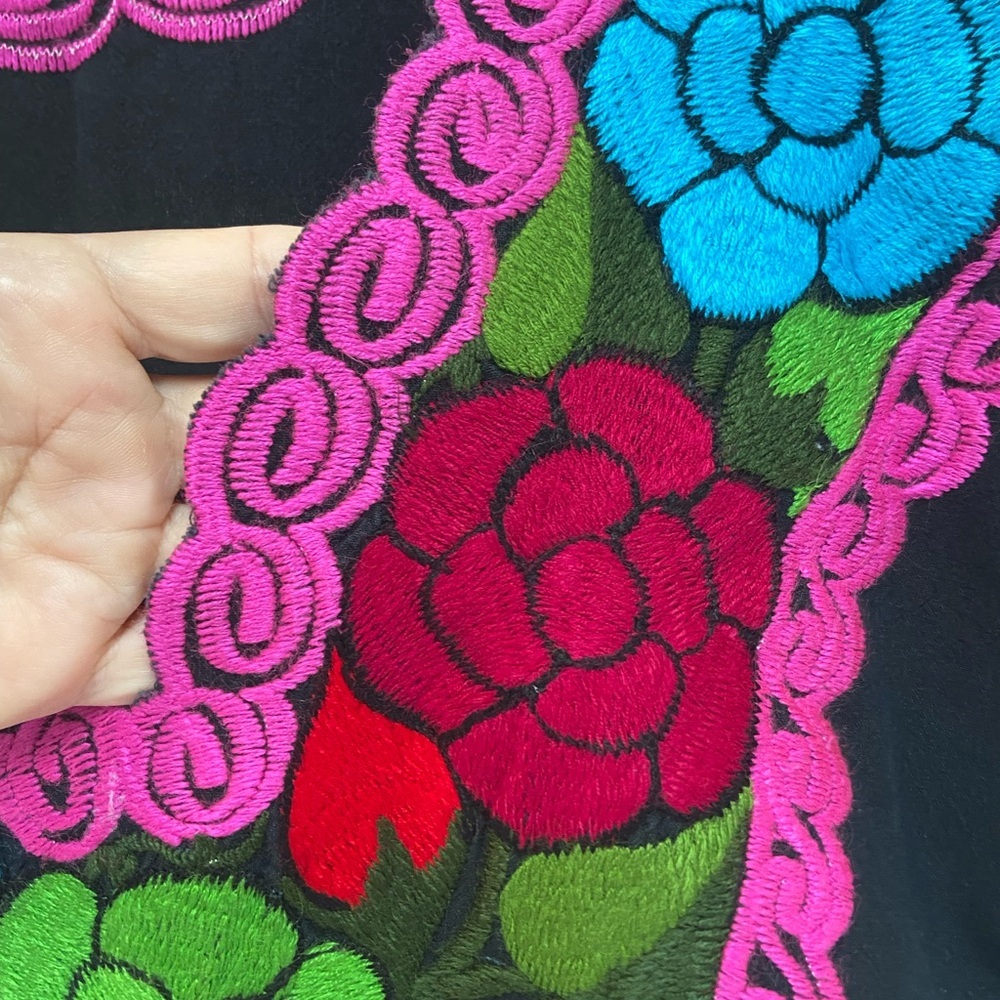 Colorful Embroidered Black Tunic Tank Made in Mexico Patchwork Embroidered - Picture 4 of 7